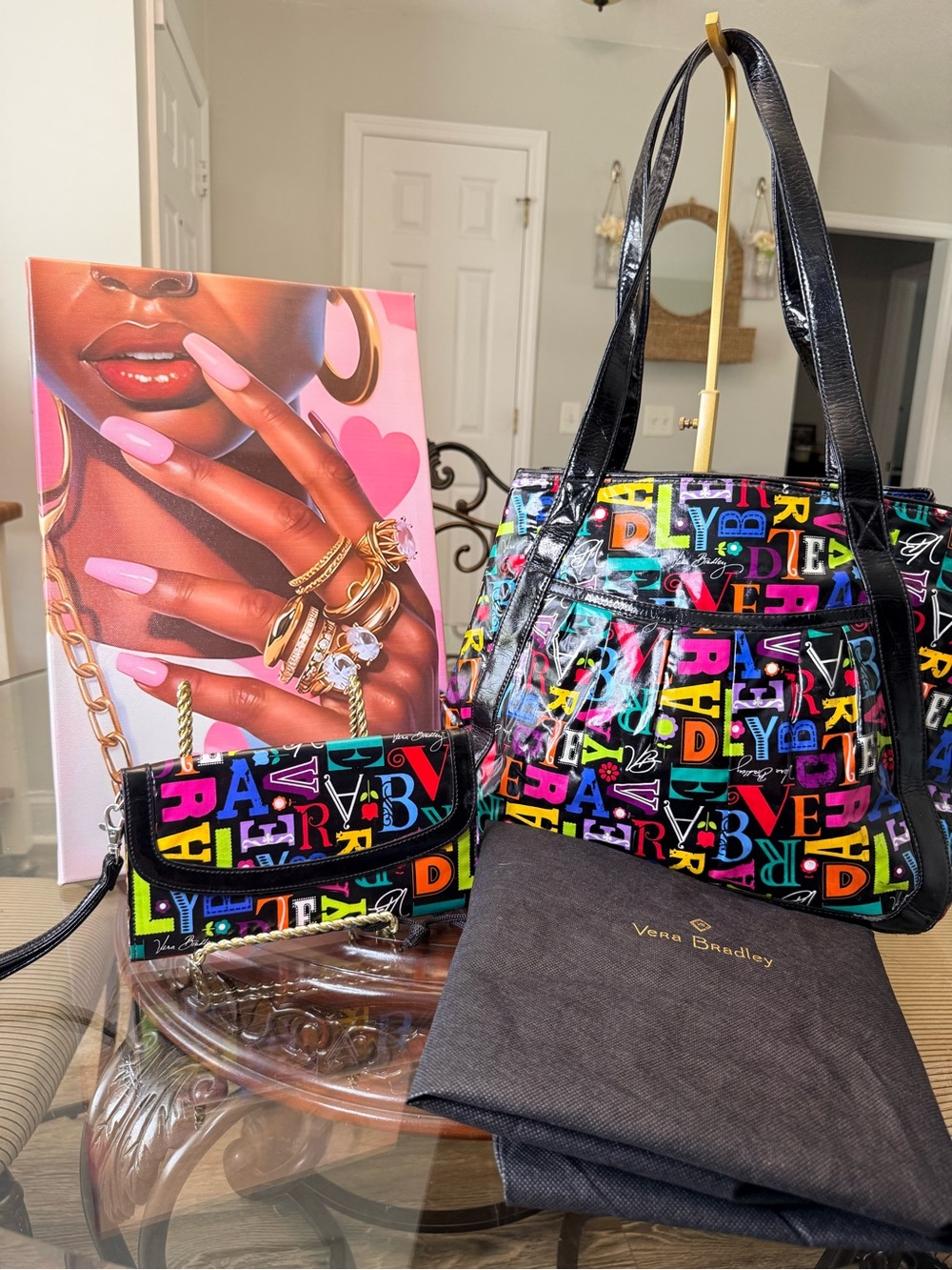 Vera Bradley Black Glossy Letter-Print Tote with Matching Wallet